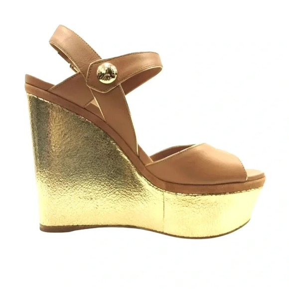 - Authentic Louis Vuitton Tan Leather Metallic Wedge Sandals Size 38 - Picture 10 of 16